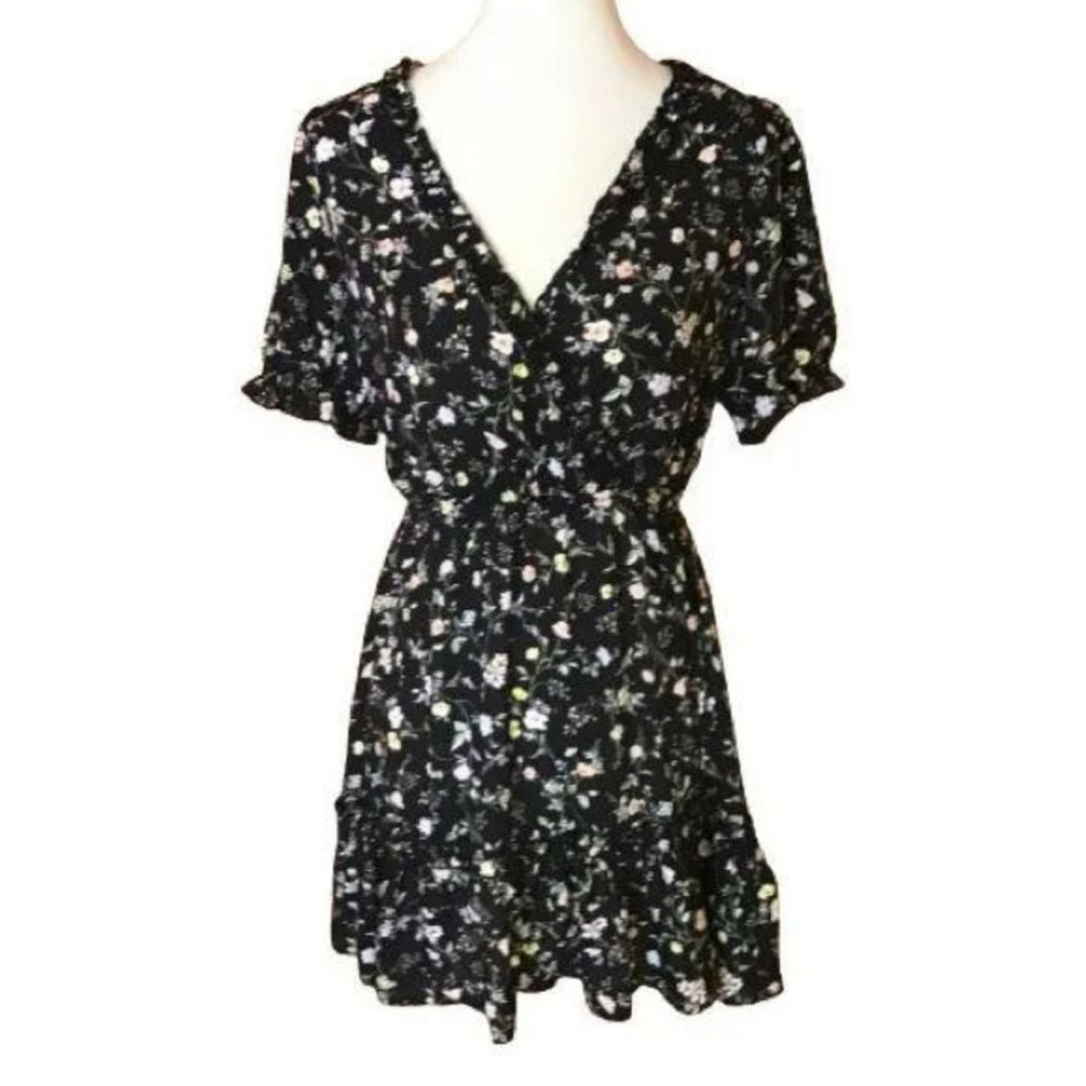 Women's Inspired Heart Floral Mini Dress XL Black Faux Wrap